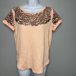 NWT Aerie Soft Girl Feminine Sequin Pink Knit Short Sleeve Top Womens Sz S